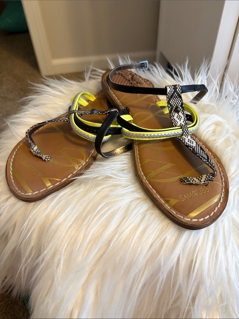 Sam Edelman Black and Neon Yellow Strappy Flat Sandals